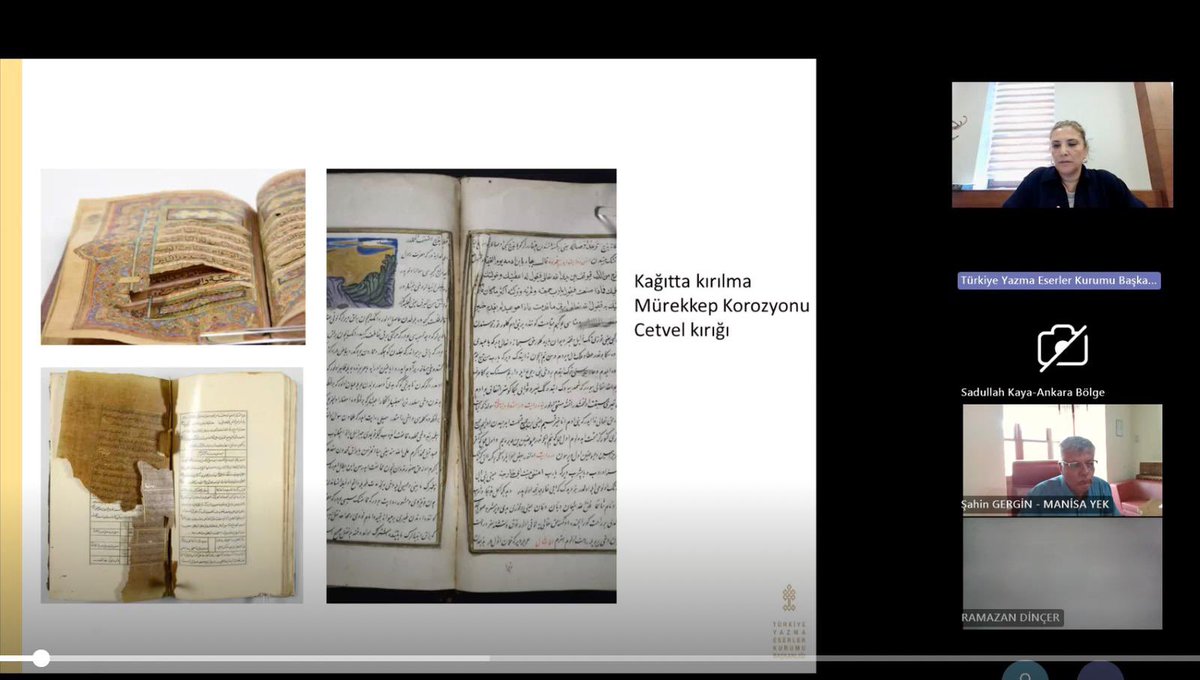Türkiye Yazma Eserler Kurumu Başkanlığı tarafından, 28–30 Temmuz 2025 tarihleri arasında çevrim içi olarak düzenlenen “Yazma Eser Kütüphanelerinde Önleyici Koruma Eğitimi” başarıyla tamamlanmıştır.

Başkanlığımızın İstanbul, Ankara ve Konya Bölge Müdürlüklerine bağlı tüm yazma