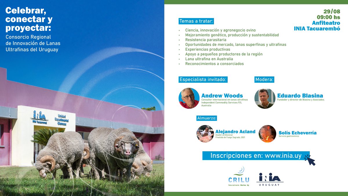 🐏Celebrar, conectar y proyectar: el próximo 29/08 a las 9:00 hs en INIA Tacuarembó, CRILU convoca a un seminario sobre innovación en lanas ultrafinas del Uruguay.

 📌Programa y + info: inia.uy/actividades/ce…
 ✍️Inscripciones: forms.office.com/r/4gEVqNijUD