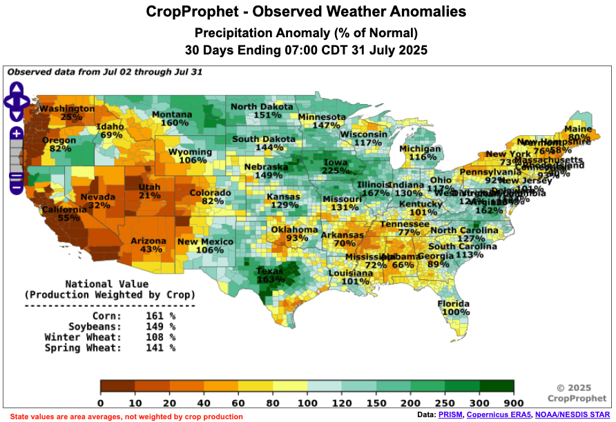 It’s been the opposite of a drought across the #Corn Belt—especially over the past 15 days.

MN, IA, and IL all ranked #1 all-time (1981–2025) for corn production weighted precip from Jul 17–31.

Too much rain? Could yields suffer?

#AgWx #Yield #oatt #AgWeather

<a href="/MarketMinuteLLC/">Market Minute LLC</a>