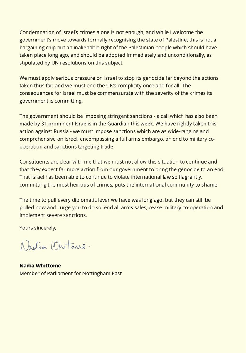 I have once again urged the government to do all it can to halt the genocide Israel is committing in Gaza as well as the escalating violence in the West Bank.

We must end all arms sales to Israel, cease military co-operation and implement severe sanctions.