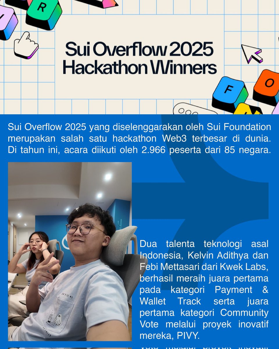 ekraf_ri's tweet image. Siapa bilang anak muda Indonesia nggak bisa bersaing di dunia teknologi global?!🧐
Dua talenta muda Indonesia, Kelvin Adithya dan Febi Mettasari dari KwekLabs berhasil mengukir prestasi besar dalam ajang Sui Overflow 2025, sebuah kompetisi hackathon global yang diselenggarakan…