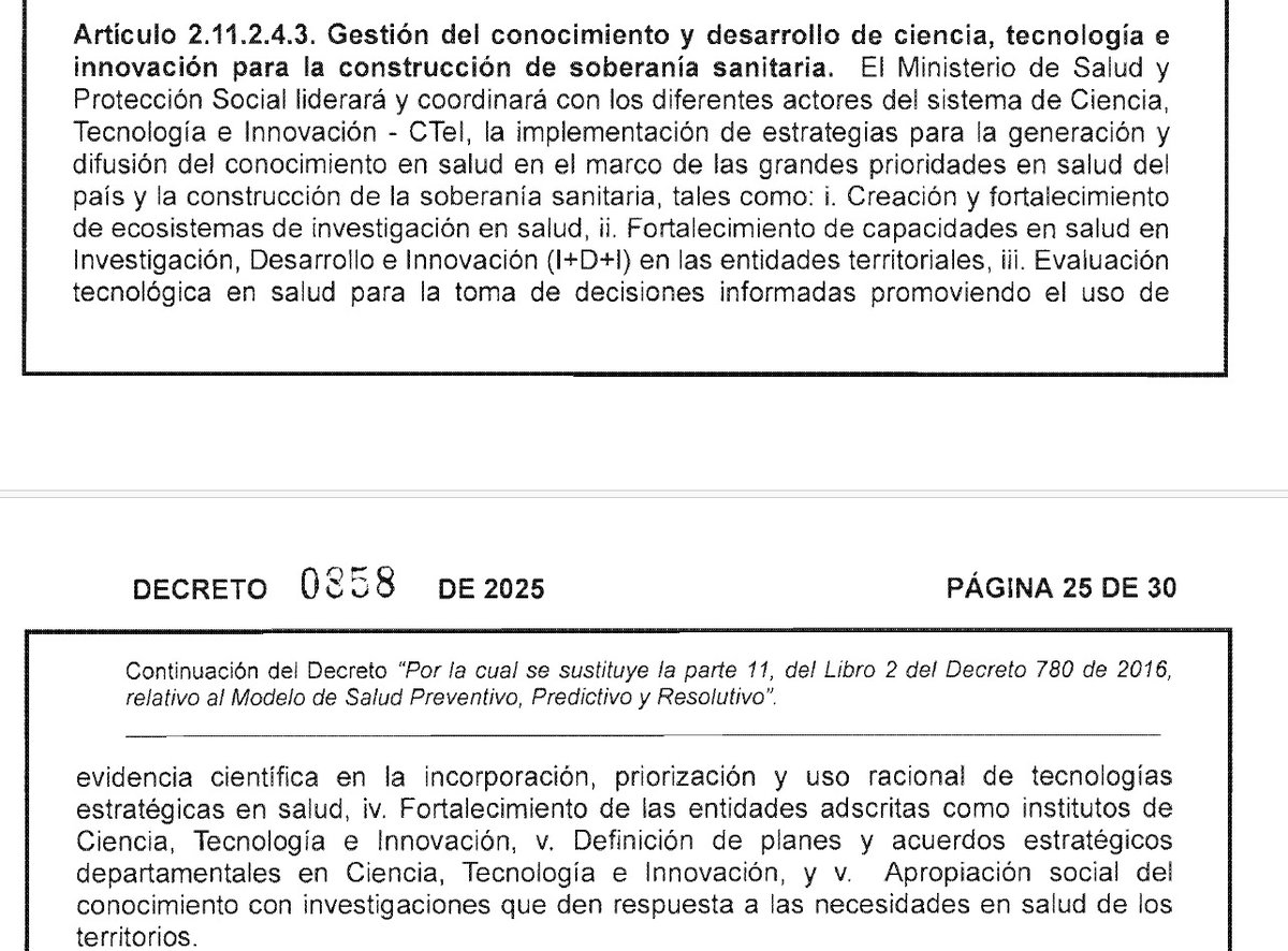 El decreto 0858 de 2025 es una política ambiciosa sobre la gestión del conocimiento y el desarrollo de ciencia, tecnología e innovación en salud. En la práctica hay  falta de inversión real y sostenida en investigación en salud #Colombia #Salud #Ciencia #Tecnología
