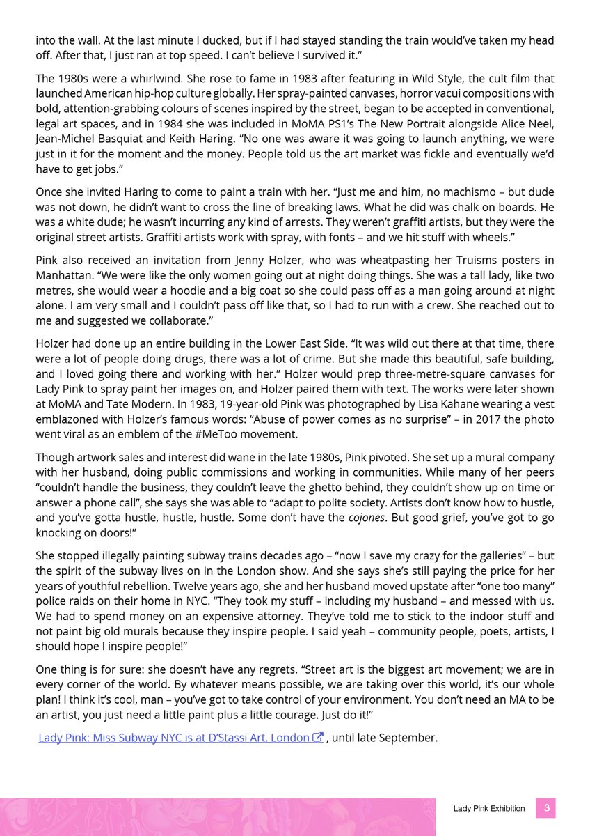 Justice_4_DandG's tweet image. Risking arrest, and even decapitation, she ‘bombed’ #yards, #tunnels and #trains in the dead of night. 

As she brings the spirit of the subway to the UK, the grande dame of #graf remembers scaring #KeithHaring – and killing a snake #art #graffiti #Justice_4_DandG