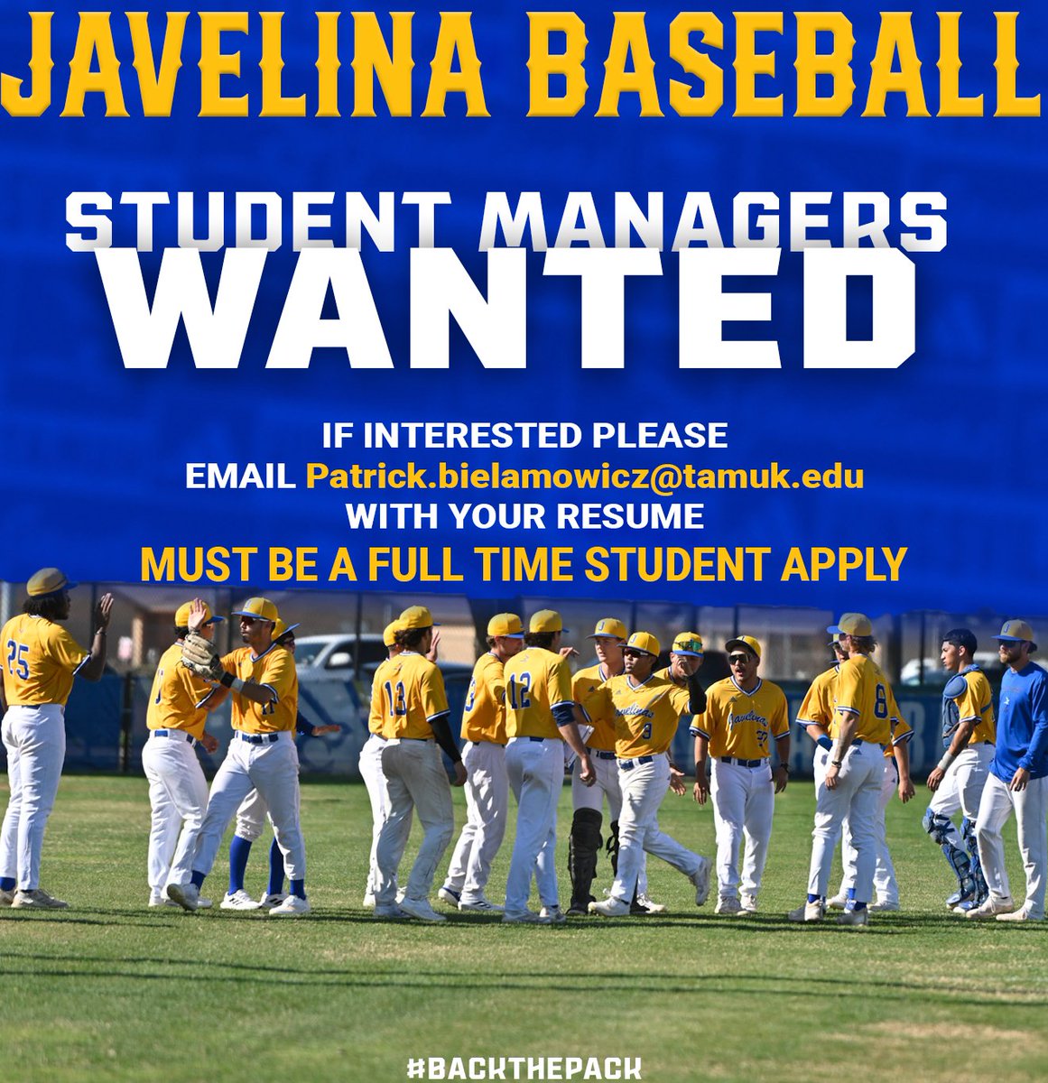 Javelina Baseball is looking to add a student manager to the 2025-26 staff, you must be a full-time student at Texas A&amp;M-Kingsville to apply

#BackthePack