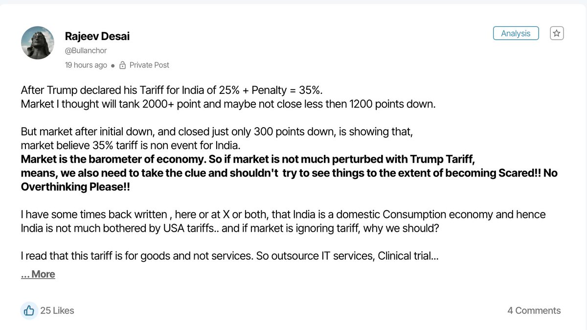 Slice (@slice_app_) on Twitter photo Everyone expected the 35% US tariff to crash Indian markets.
They barely moved.
<a href="/rajuidesai/">Rajeev Desai</a> explains why the market is brushing it off, and why maybe you should too.
Catch the full insight on Slice ๐: bit.ly/Slice_Rajeev Everyone expected the 35% US tariff to crash Indian markets.
They barely moved.
<a href="/rajuidesai/">Rajeev Desai</a> explains why the market is brushing it off, and why maybe you should too.
Catch the full insight on Slice ๐: bit.ly/Slice_Rajeev