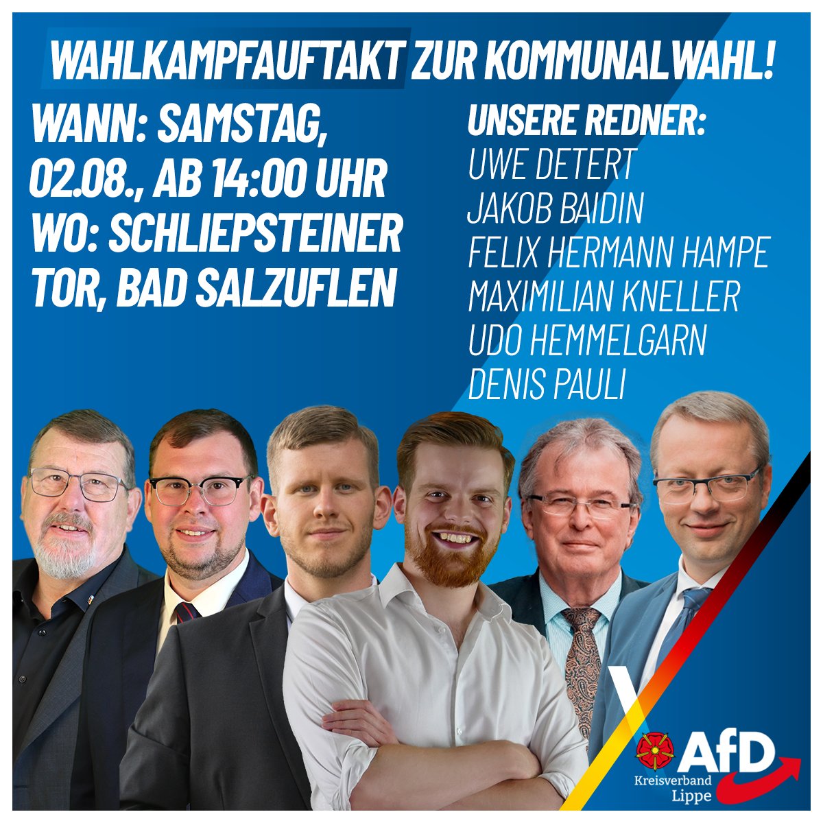 Besuchen Sie #AfD-Infostände &amp; lernen unsere Kandidaten kennen.

📍 #Bösingfeld, #Lage, #Lemgo (10–13 Uhr)
📍 #BadSalzuflen, #Detmold (10–14 Uhr)
➡️ Danach: Wahlkampfauftakt ab 14 Uhr mit Rednern aus #Lippe &amp; dem #Bundestag.

🗳️ Am 14.09.: Ihre Stimme für ein starkes Lippe!