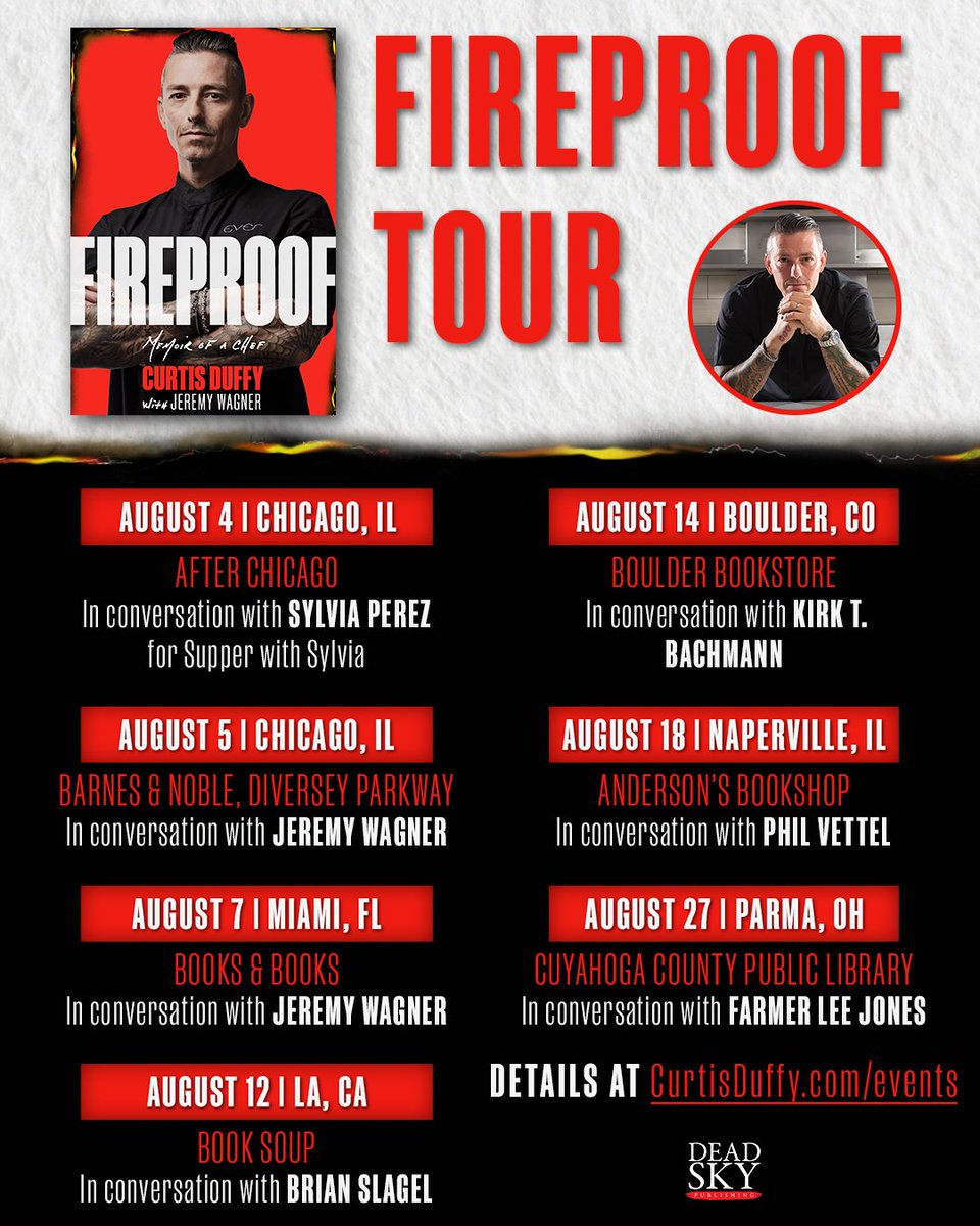 Curtis Duffy (@curtisduffy) on Twitter photo Tour starts next week! If you haven't already, sign up now at the link in my bio—it's helpful to RSVP to let the bookstores know how many books to order for each event.
See you there! 
#FireproofMemoir Tour starts next week! If you haven't already, sign up now at the link in my bio—it's helpful to RSVP to let the bookstores know how many books to order for each event.
See you there! 
#FireproofMemoir