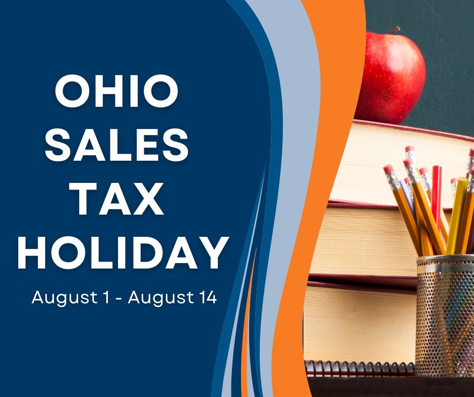 Ohio’s expanded sales tax holiday starts today! 📚✏️👕💻
 
Thanks to legislation enacted by the Ohio General Assembly and signed by Governor DeWine, Ohioans can now enjoy two weeks of sales tax savings on most items priced under $500. 

More details here: tax.ohio.gov/business/ohio-…