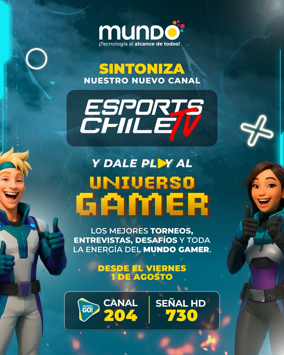 Llega la señal que estabas esperando…
🎮 ¡Esports Chile TV  ya es parte de Mundo GO!

🗓 Disponible desde el viernes 1 de agosto en la señal digital 730 y en Mundo GO! canal 204. 

📺 ¡Conéctate y disfruta del mejor entretenimiento! 🚀

#Mundo #TuMundo #MundoGO! #EsportsTVChile