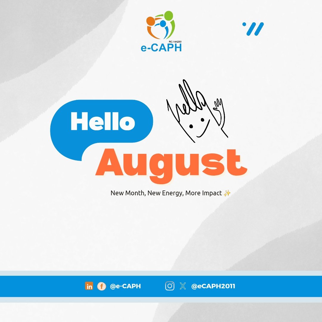 eCAPH2011's tweet photo. Happy New Month from all of us at e-CAPH.
May your August be filled with growth, joy, laughter and new opportunities. Keep pushing boundaries and making a difference!
#eCAPH #HappyNewMonth #August https://t.co/eNu4o2l1M5