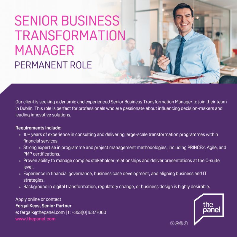 The Panel - Creating Exceptional Futures (@thepaneldublin) on Twitter photo Senior Business Transformation Manager role (thepanel.com/job/50760/it-&…) is currently available with our client in Dublin City Centre.
For more information, please get in touch with our Senior Partner, Fergal Keys at fergalk@thepanel.com Senior Business Transformation Manager role (thepanel.com/job/50760/it-&…) is currently available with our client in Dublin City Centre.
For more information, please get in touch with our Senior Partner, Fergal Keys at fergalk@thepanel.com