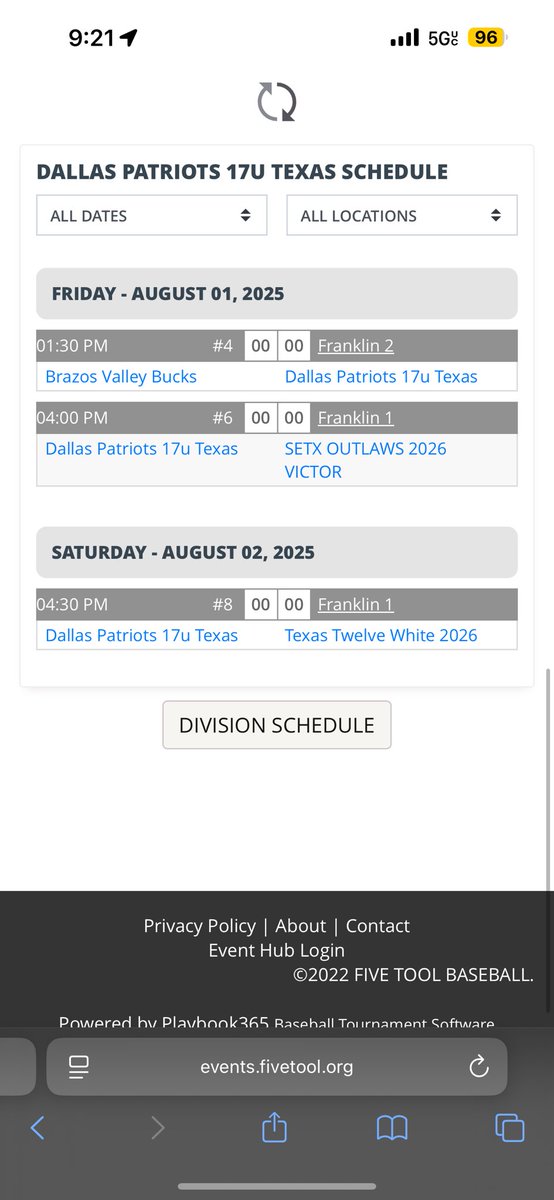Schedule this week at the VTool Recruiting preview in Franklin. Ready to get after it! <a href="/RockHillBasebll/">Rock Hill Baseball</a> <a href="/PremierXSports/">Premier Exposure Sports</a> <a href="/GregWG13/">Greg Greenwood</a> <a href="/DallasPatriots/">Dallas Patriots</a>