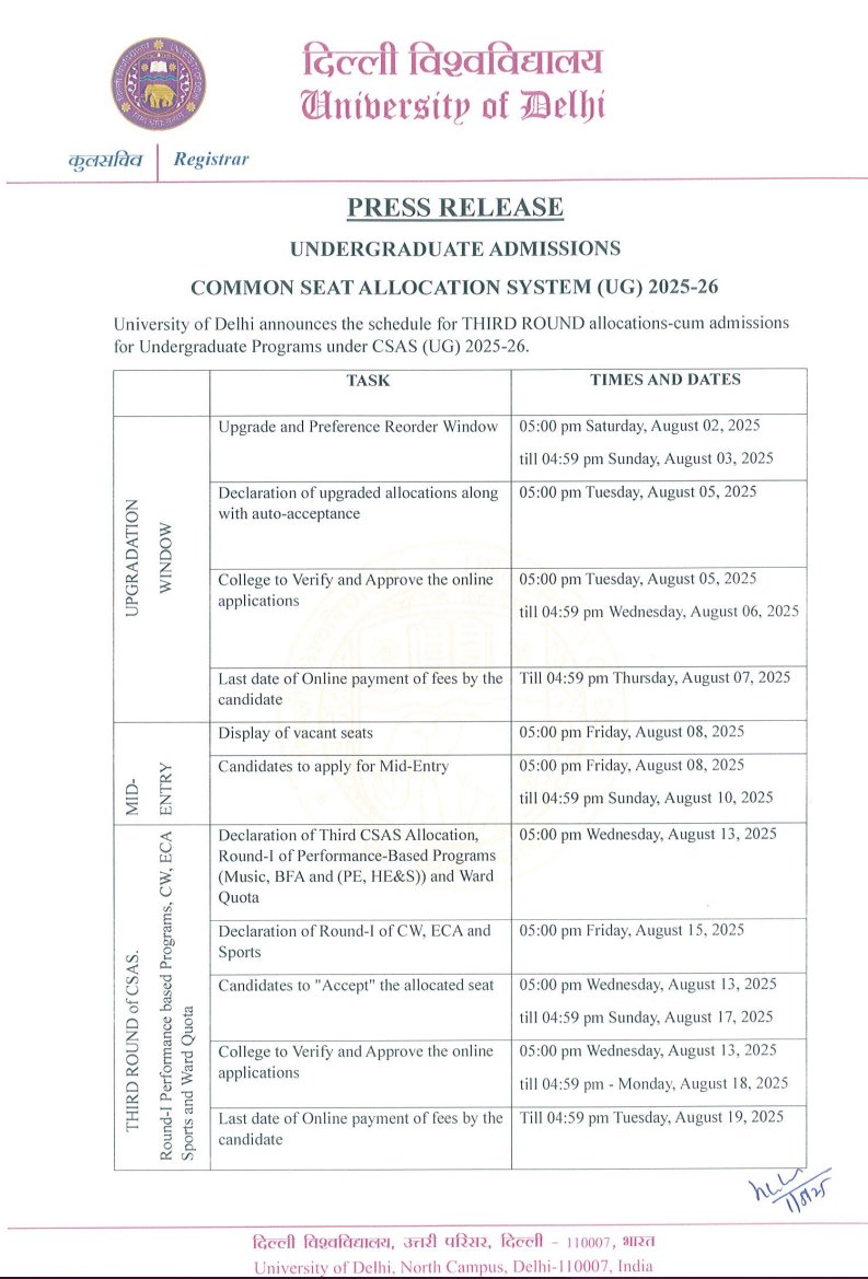 D_U_Teachers's tweet image. #DU Press Release for the 3rd round of #CSAS #DU_Admissions_2025 #DU_UG_Admissions_2025