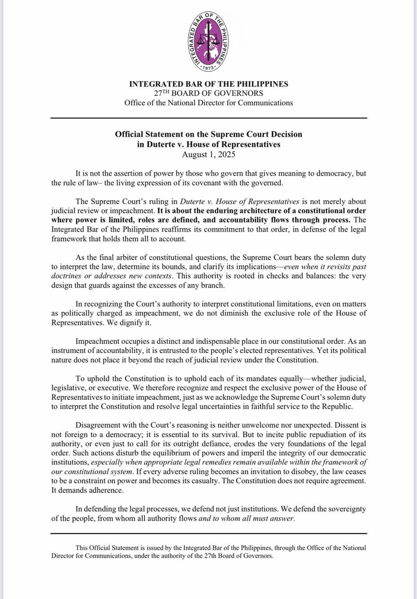 [REPOSTED]

Democracy rests on a quiet faith: that citizens, guided by law, can govern themselves. This is not naïve—it’s constitutional. Checks and balances do not promise perfection, but they aim for justice.

Read our full statement on Duterte v. House of Representatives.