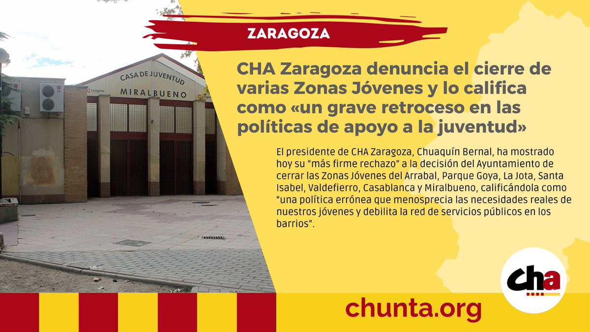 Chunta Aragonesista (@chunta) on Twitter photo 🎮 CHA Zaragoza denuncia el cierre de varias Zonas Jóvenes y lo califica como «un grave retroceso en las políticas juveniles»
<a href="/chuaquinbernal/">Chuaquín Bernal ////</a> ha rechazado el cierre en Arrabal, Parque Goya, La Jota, Santa Isabel, Valdefierro, Casablanca y Miralbueno
🔗 elblogdecha.org/cha-zaragoza-d… 🎮 CHA Zaragoza denuncia el cierre de varias Zonas Jóvenes y lo califica como «un grave retroceso en las políticas juveniles»
<a href="/chuaquinbernal/">Chuaquín Bernal ////</a> ha rechazado el cierre en Arrabal, Parque Goya, La Jota, Santa Isabel, Valdefierro, Casablanca y Miralbueno
🔗 elblogdecha.org/cha-zaragoza-d…