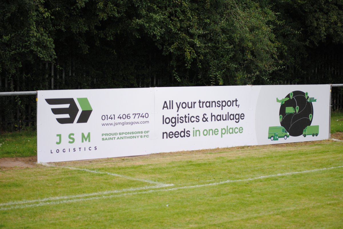 SaintAnthonysFC's tweet photo. A massive thanks to the team at JSM Logistics for their new banner at McKenna Park. It looks the part @Johnnyfallon14 💚🔥🐜 https://t.co/BHeVUCzzjY
