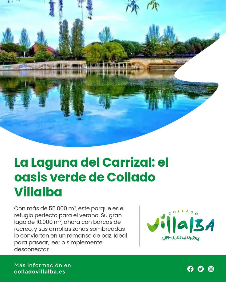 Ayuntamiento de Collado Villalba (@ayuntamientocv) on Twitter photo 🌳✨ Descubre el Parque de la Laguna del Carrizal, el "Pequeño Retiro" de la Sierra.
🚣♂️ Disfruta de paseos en barca, zonas verdes y actividades de verano.
🌿 Un oasis fresco a solo minutos de Madrid.
📍 Collado Villalba | #ColladoVillalba 🌳✨ Descubre el Parque de la Laguna del Carrizal, el "Pequeño Retiro" de la Sierra.
🚣♂️ Disfruta de paseos en barca, zonas verdes y actividades de verano.
🌿 Un oasis fresco a solo minutos de Madrid.
📍 Collado Villalba | #ColladoVillalba