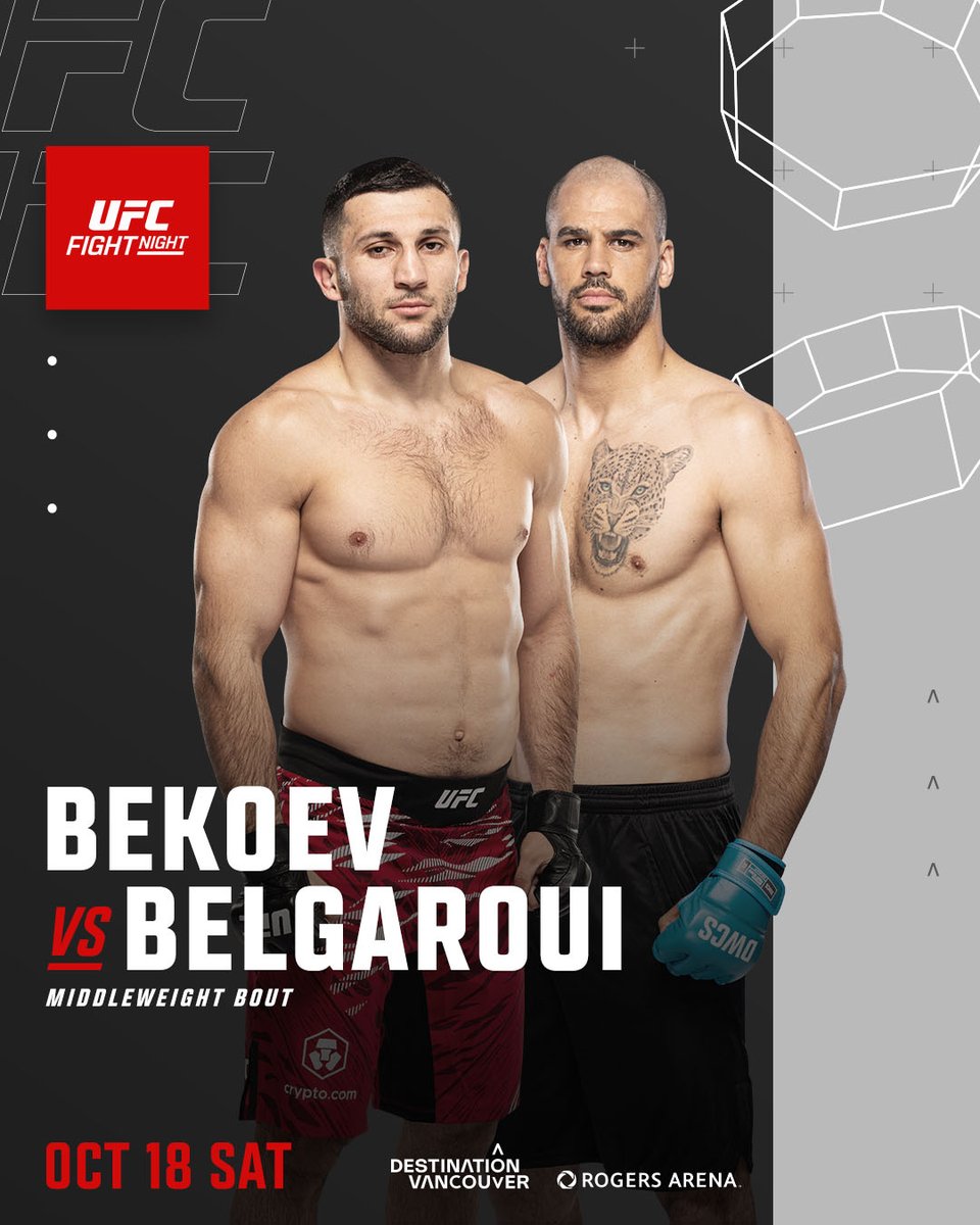 UFC_CA's tweet image. Middleweights collide at #UFCVancouver! 

🇷🇺 Azamat Bekoev vs Yousri Belgaroui 🇳🇱 

Register Your Interest At UFC.com/Vancouver 🎟️🇨🇦