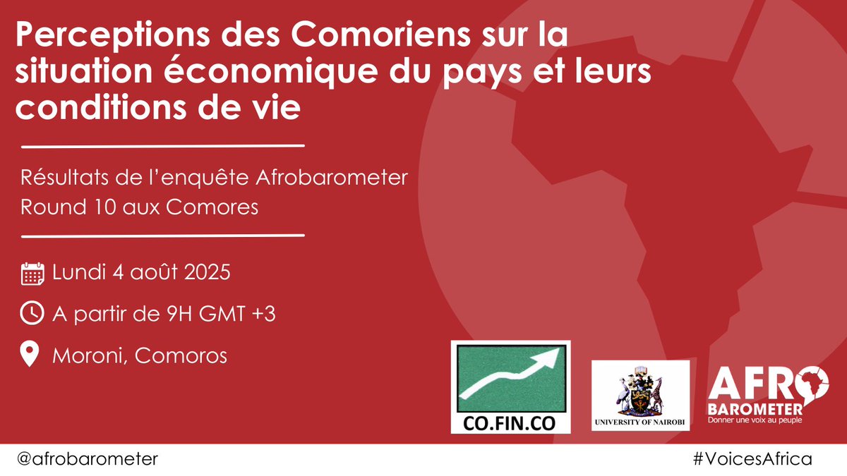 Le lundi 4 août 2025, notre partenaire national, Comores Finance Consulting, présentera les résultats de la toute première enquête Afrobarometer des Comores sur l'opinion des citoyens sur l'économie et les conditions de vie. 

Restez à l'écoute pour en savoir plus.

#Comores