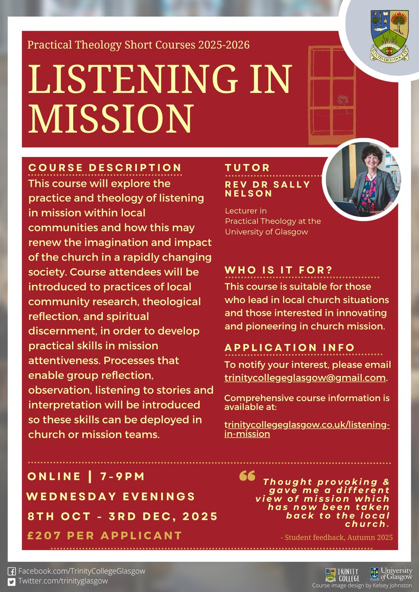 Book now to avoid disappointment! Places are limited!
trinitycollegeglasgow.co.uk/short-courses

#Christianmission #Churchofscotland #Baptistchurch #Methodist #UnitedReformChurch 
#Christianity