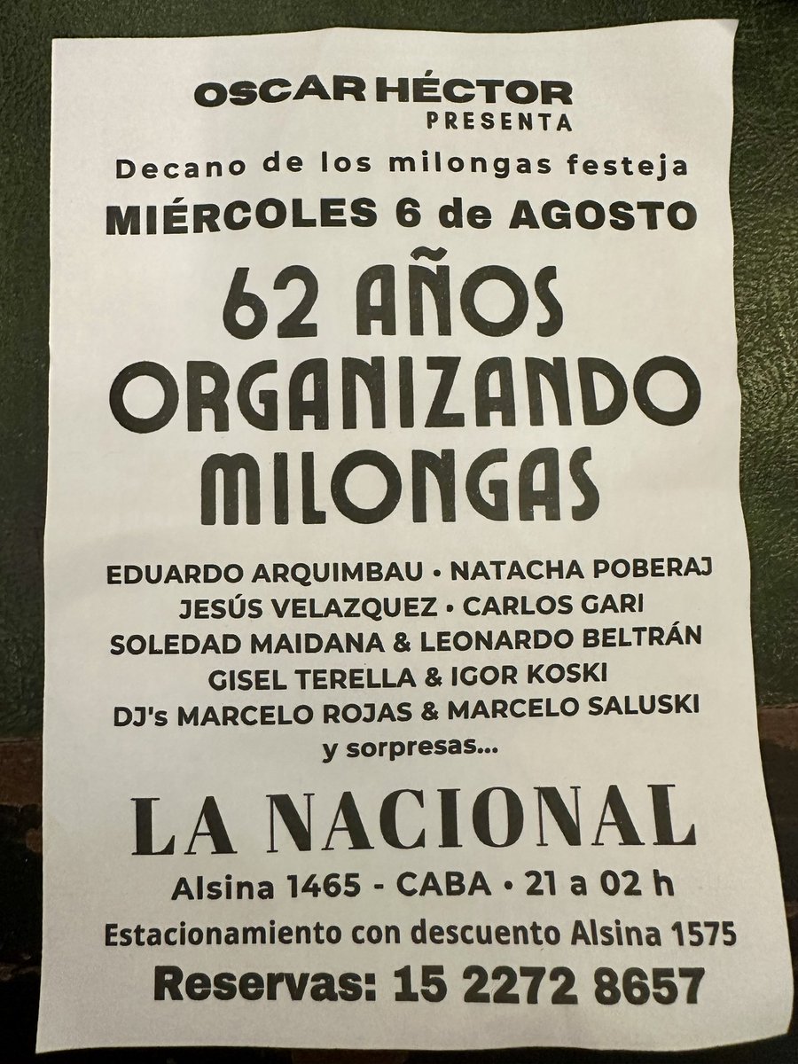 lavidaesmilonga's tweet photo. Este miércoles 6 de agosto de 2025 los milongueros del mundo tenemos una cita para festejar los 62 años de organizador de milongas de Oscar Héctor, los esperamos #tango #milongas #milongas #lavidaesunamilonga #tangoargentino #oscarhector https://t.co/yFLnjwkTCM
