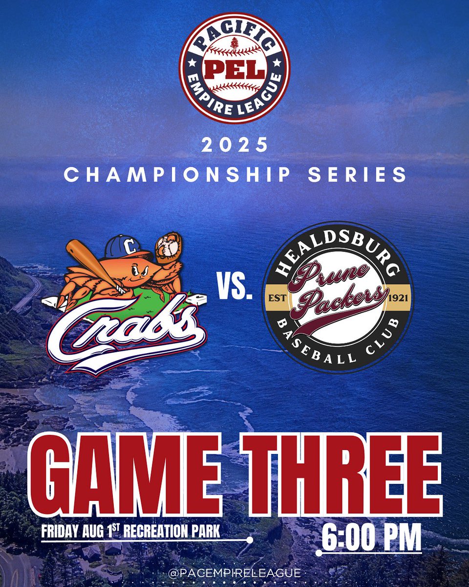Pacific Empire League (@pacempireleague) on Twitter photo GAME THREE of the 2025 Pacific Empire League Championship Series featuring two legendary teams, <a href="/humboldtcrabs/">Humboldt Crabs</a> and @prunepackers takes place TONIGHT at Recreation Park in Healdsburg, CA at 6PM.
This series has seen entire communities come out in support for every game, including GAME THREE of the 2025 Pacific Empire League Championship Series featuring two legendary teams, <a href="/humboldtcrabs/">Humboldt Crabs</a> and @prunepackers takes place TONIGHT at Recreation Park in Healdsburg, CA at 6PM.
This series has seen entire communities come out in support for every game, including