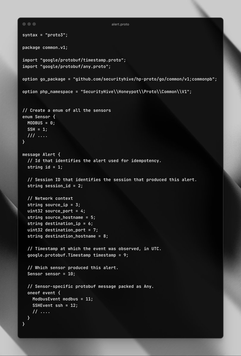 terleydev's tweet photo. This week we started working on hp-proto: a centralized place for all our honeypot Protobuf definitions at https://t.co/aW3INJvKW3.

Each sensor runs in its own container and our supervisor Go-binary syncs alerts with our ingestion endpoint..

(1/2) https://t.co/gXmwkjSBjD