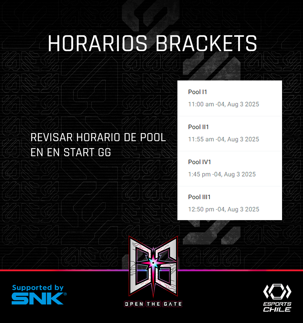 También les pedimos que revisen el horario de inicio de sus respectivas pools en la página de start gg del evento, para que estén al tanto de la hora en la cual se les va a llamar en el venue.