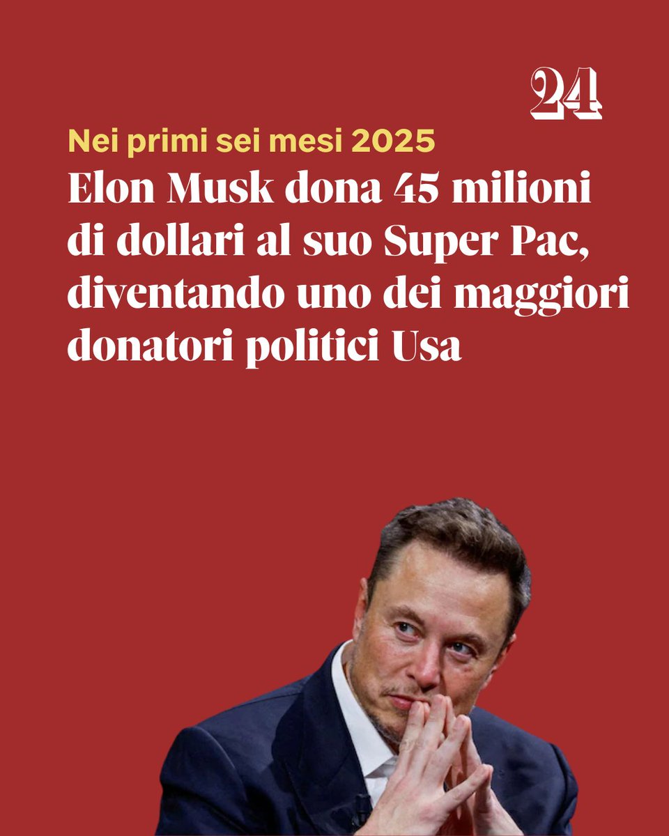 sole24ore's tweet photo. ➡️ Leggi qui l'articolo: https://t.co/14boC5xYF0
#ElonMusk #SuperPac #Usa #IlSole24Ore https://t.co/OvxhVO0DXY