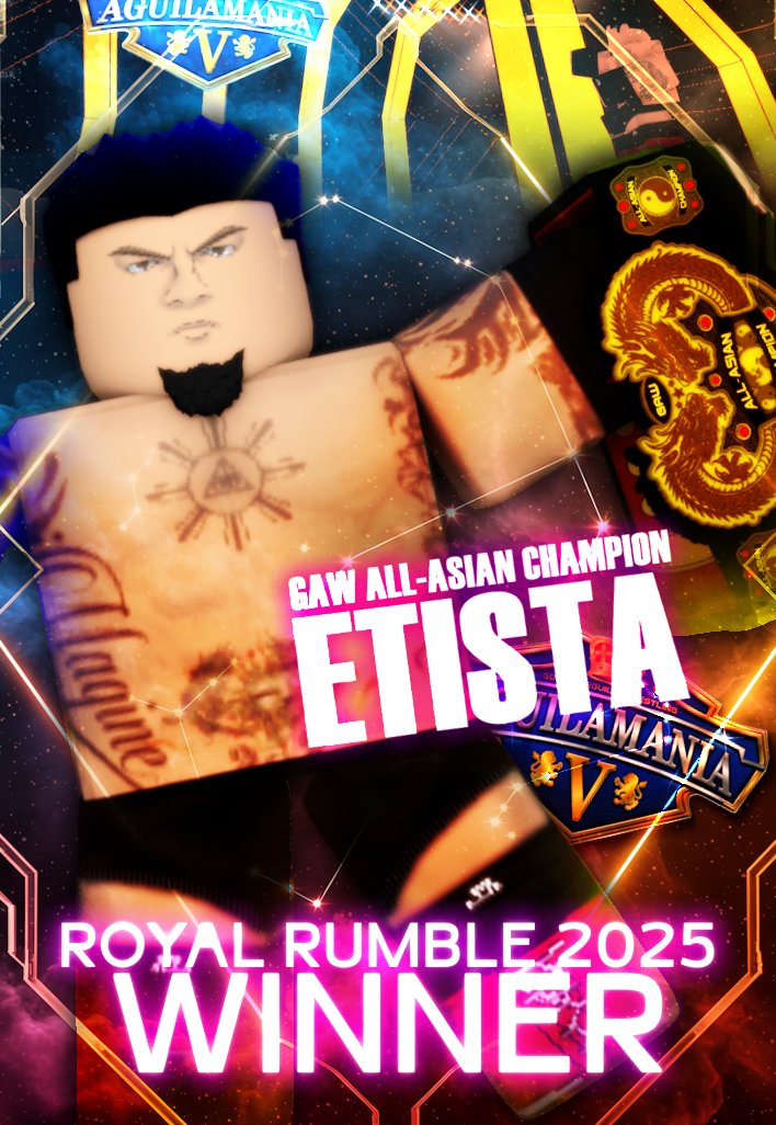 <a href="/zEarlyz/">early</a> is your 2025 GAW ROYAL RUMBLE WINNER!

After surviving 29 other superstars, he’s earned a world title shot at #AguilaManiaV!

It’s the first time in GAW history that a reigning champion has also won the Rumble. Can Etista make even more history at Mania?

#GAWRoyalRumble