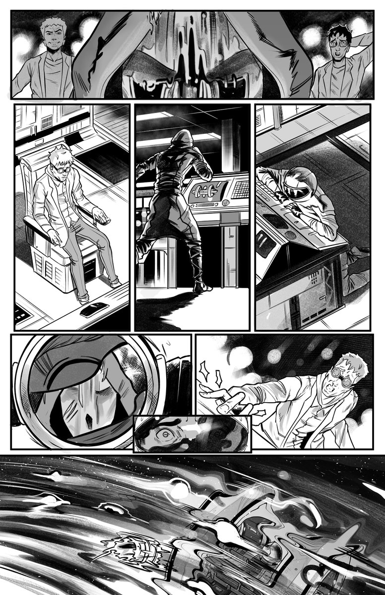 ISantillanH's tweet photo. Some pages for a comic I was hired to work on! I hope you like them. I tried some new things on these pages! #comic #comicpages #ComicCon #spacial #SciFiArt https://t.co/S6nKROGQ0s