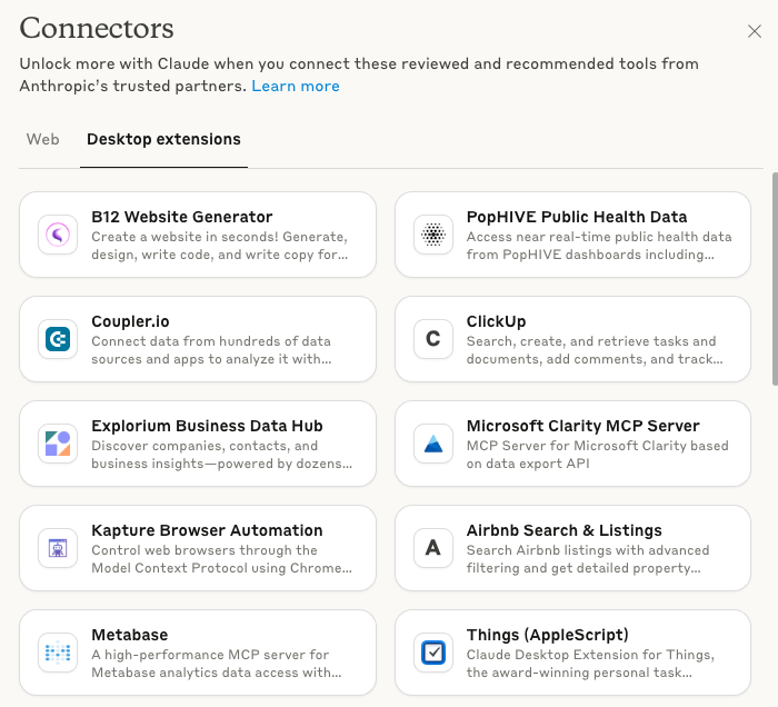The B12 Website Generator is featured in <a href="/claudeai/">Claude</a>'s connectors directory! 🎉
Install the B12 Website Generator desktop extension, then ask Claude to build a site for you! You'll get an entire website based on your business description.
Thank you <a href="/AnthropicAI/">Anthropic</a> for including us!