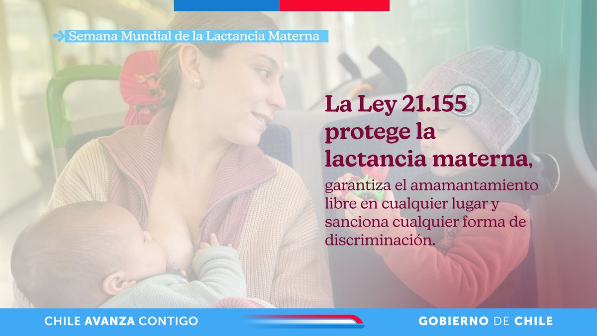 ministeriosalud's tweet photo. #SemanaMundialLactanciaMaterna 🤱🏽El amamantamiento libre es tu derecho. La Ley 21.155 protege la lactancia materna, garantiza el amamantamiento libre en cualquier lugar y sanciona cualquier forma de discriminación.

¡Apoyemos la lactancia en todos los espacios! https://t.co/PzuEO6inD2