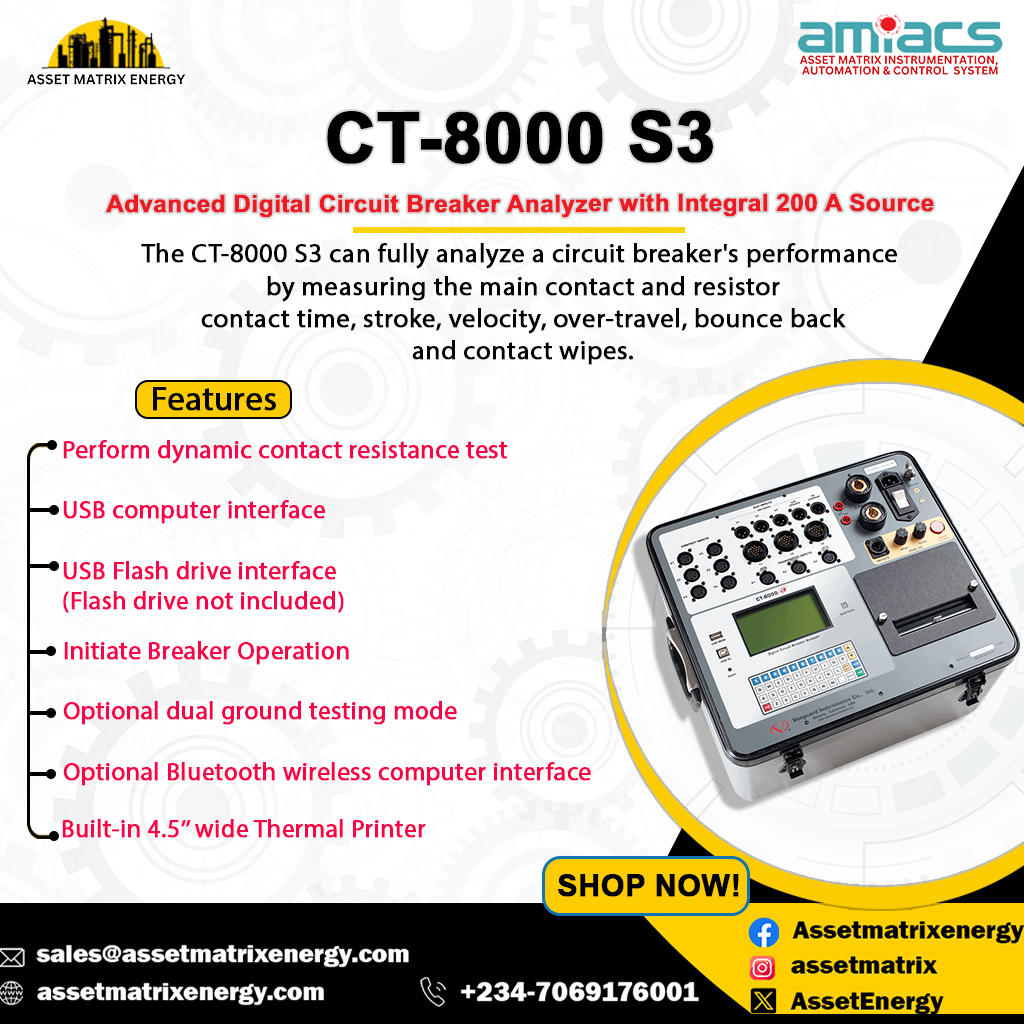 ⚡ Precision Meets Power in Circuit Breaker Testing!
Introducing the CT-8000 S3 — the ultimate Advanced Digital Circuit Breaker Analyzer with a built-in 200 A source for uncompromised performance in the toughest environments.
⠀
✅ Fast, accurate timing results