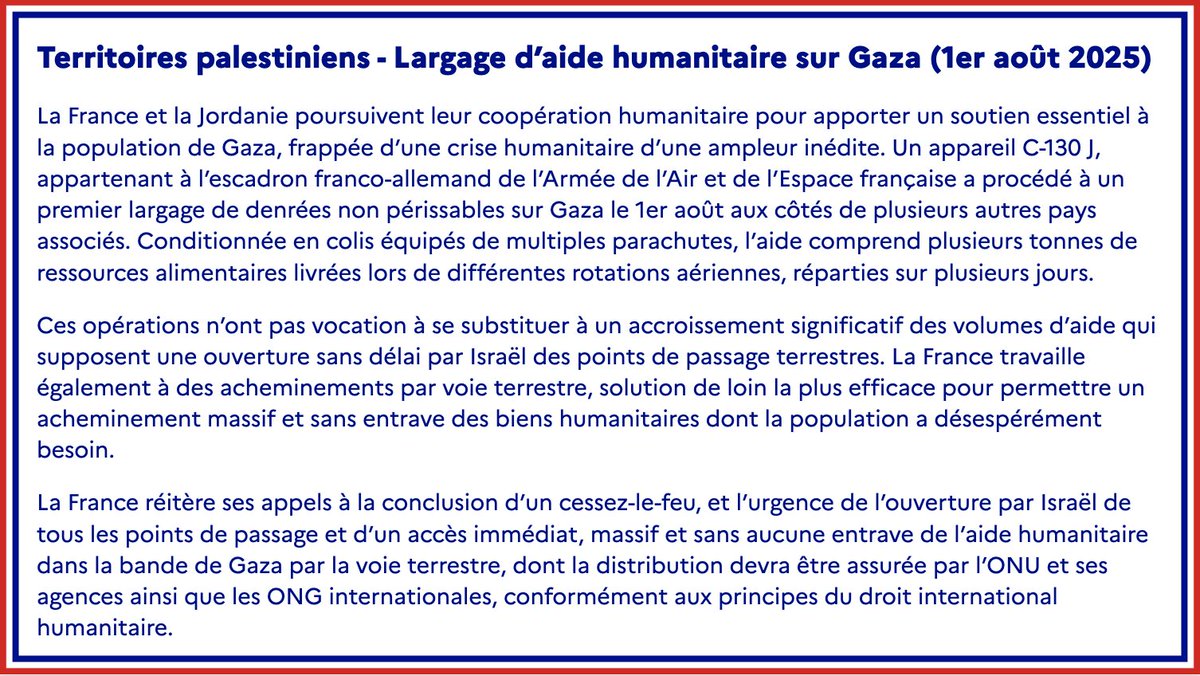 France Diplomatie 🇫🇷🇪🇺 (@francediplo) on Twitter photo #TerritoiresPalestiniens | La 🇫🇷 et la 🇯🇴 poursuivent leur coopération humanitaire pour apporter un soutien essentiel à la population de Gaza, frappée d’une crise humanitaire d’une ampleur inédite.
Communiqué conjoint <a href="/francediplo/">France Diplomatie 🇫🇷🇪🇺</a> & <a href="/Armees_Gouv/">Ministère des Armées</a> ➡️ fdip.fr/5gqchnxu #TerritoiresPalestiniens | La 🇫🇷 et la 🇯🇴 poursuivent leur coopération humanitaire pour apporter un soutien essentiel à la population de Gaza, frappée d’une crise humanitaire d’une ampleur inédite.
Communiqué conjoint <a href="/francediplo/">France Diplomatie 🇫🇷🇪🇺</a> & <a href="/Armees_Gouv/">Ministère des Armées</a> ➡️ fdip.fr/5gqchnxu