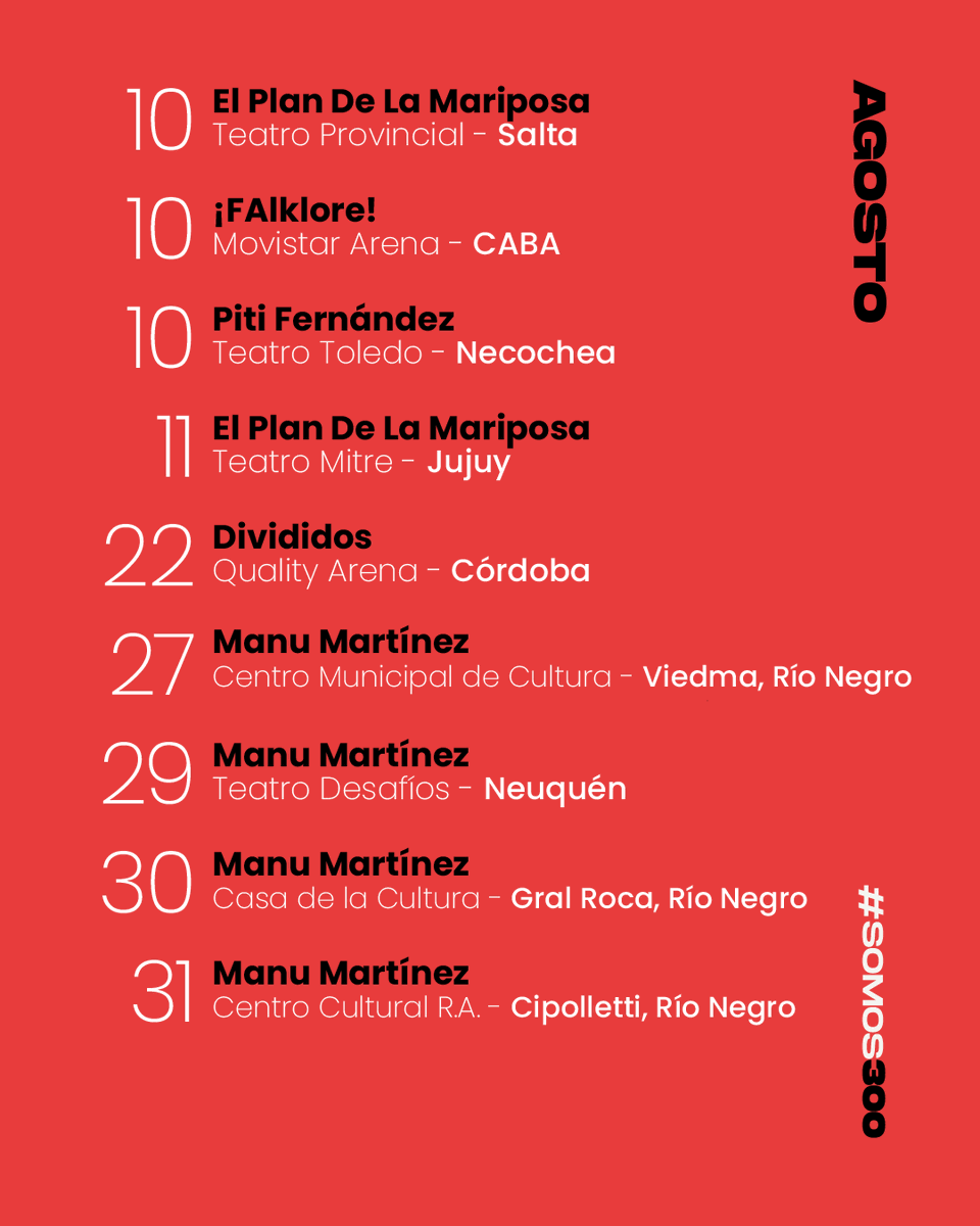 Recorremos la agenda de shows de #Agosto

▪️ Divididos
▪️ El Plan de la Mariposa
▪️ ¡FAlklore!
▪️ Lisandro Aristimuño
▪️ Piti Fernández
▪️ Manu Martínez

#Somos300 #ShowsEnVivo