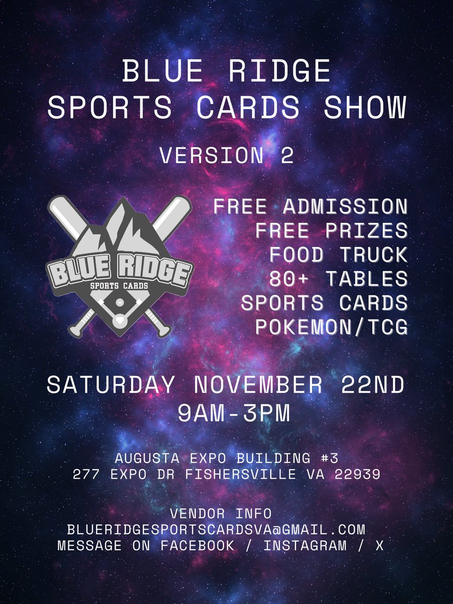 Let’s run it back!

Join us on November 22nd for the next Blue Ridge Sports Cards Show at Augusta Expo! 

Doubled the size and tables and added a food truck with the same free admission and $25 table cost.

Can’t wait to see everyone again 👊