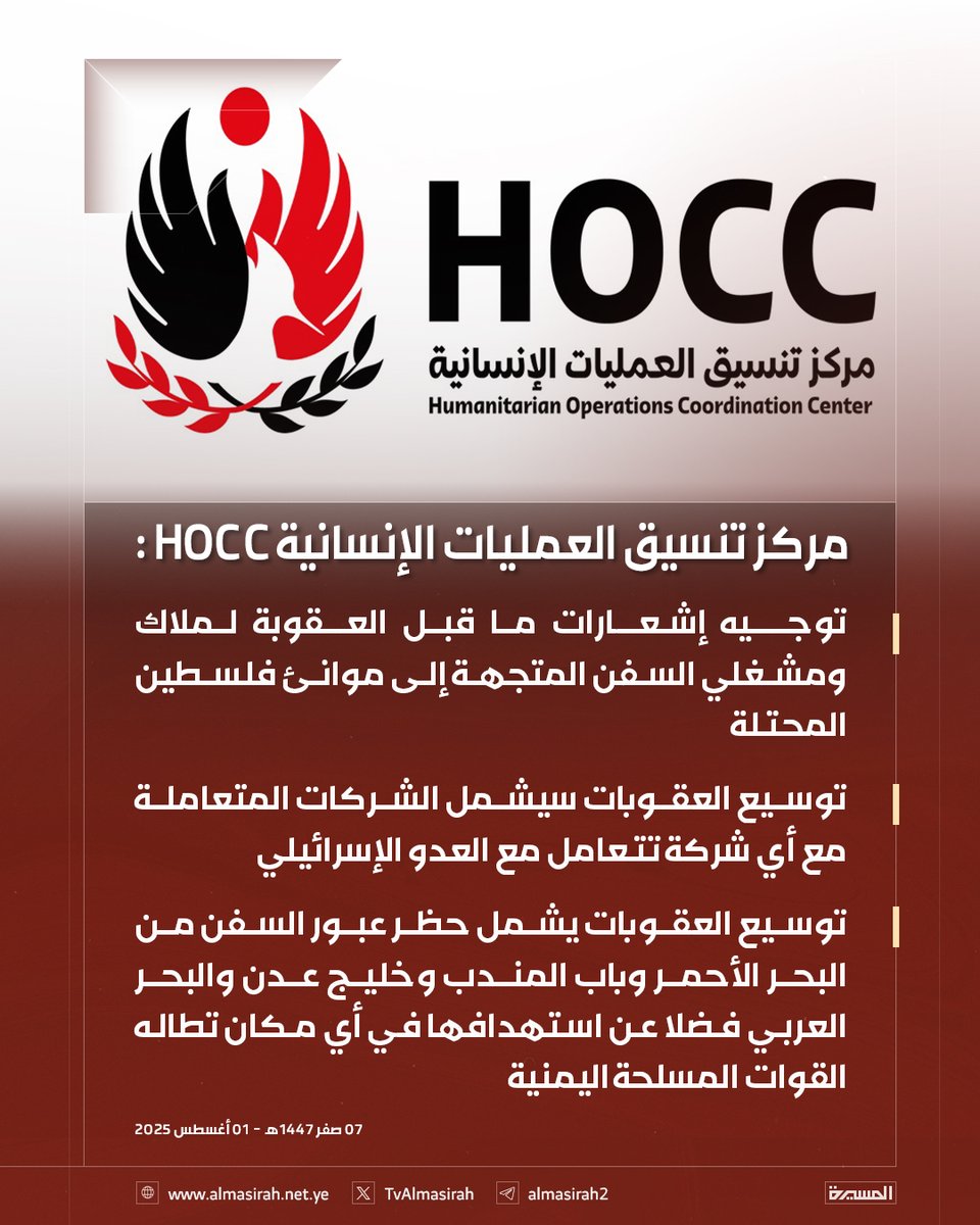 🟥 مركز تنسيق العمليات الإنسانية HOCC:

🔻 توجيه إشعارات ما قبل العــقوبة لملاك ومشغلي السفن المتجهة إلى موانئ فلسطين المحتلة
🔻 توسيع العقوبات سيشمل الشركات المتعاملة مع أي شركة تتعامل مع العدو الإسرائيلي 
🔻 توسيع العقوبات يشمل حظر عبور السفن من البحر الأحمر وباب المندب وخليج