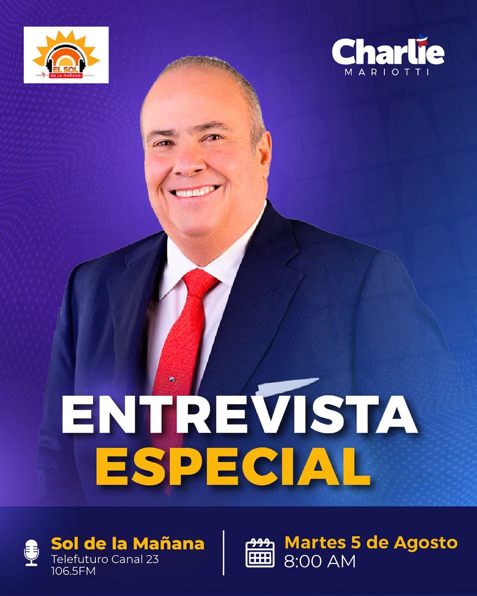 charliemariotti's tweet photo. ATENCIÓN COMUNIDAD‼️ El próximo martes 5 de agosto te invito a ver y escuchar la conversación por @ZOLFM1065 y @Telefuturo23 canal 23 en el programa Sol de la Mañana a partir de las 8:00 a.m., dónde informaré sobre mis próximos pasos y decisiones rumbo al 2028 🇩🇴🗳️

#CharlieMariotti