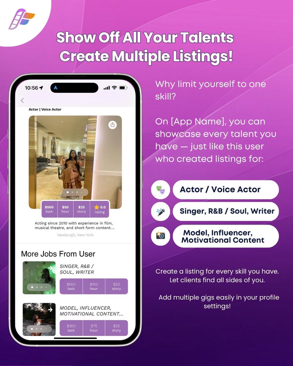 featrrr's tweet photo. 🎭 Got more than one talent? You don’t have to choose just one. On FEATRRR, you can create multiple listings—each one tailored to your unique skills.

🎤 Singer by night
🎬 Actor on weekends
💻 Editor during the day

Why limit yourself when you can be booked for all of it? https://t.co/QrTPnaelaC