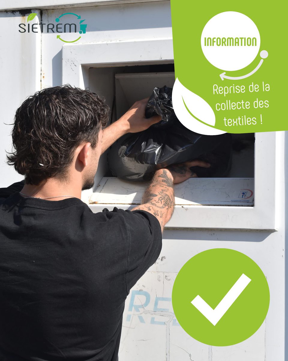 👕♻️ Les bornes textiles du SIETREM sont à nouveau collectées !

Déposez vos vêtements, linges de maison &amp; chaussures 👟
✅ Propres, secs, en sacs fermés (30L max)
✅ Chaussures liées par paire
🚫 Pas de textiles mouillés, souillés ou déchets

🎉 Offrez-leur une seconde vie !