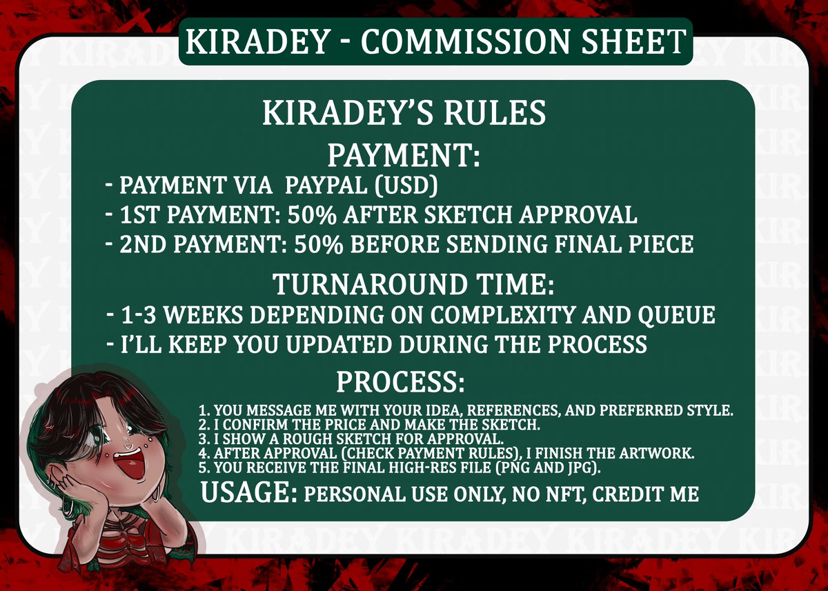 kiradey_art's tweet photo. 🔥 COMMISSIONS OPEN! 🔥
Affordable prices for lineart, flat & full color!
DM or check the link in bio 💌
RTs and Replies are really appreciated🫶
#commissionsopen #chibiart #animeart #digitalartist #opencommissions #pleasecommissionme https://t.co/aQIAxMPXDM