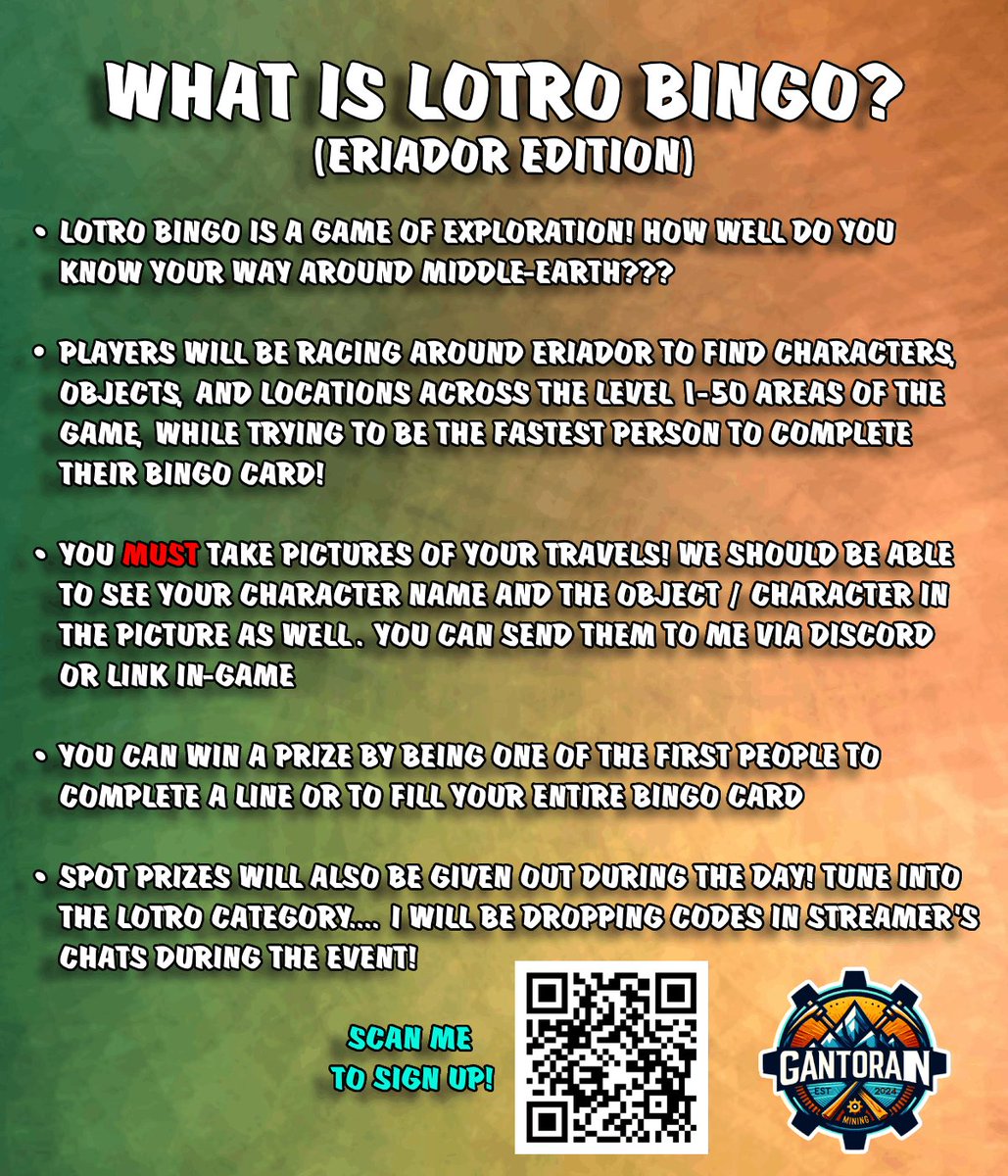 Come Join This Weekend!

Have you got what it takes to explore Middle-Earth?
I am hosting a event - Eriador BINGO on Saturday 2nd August @ 1PM EDT 

Prizes up for grabs!

twitch.tv/gantoran   

Sign Up Here ⬇️ 
tinyurl.com/LOTROBINGO 

#mmorpg #lotro <a href="/lotrofamily/">LOTRO Family</a> <a href="/lotro/">LOTRO</a>
