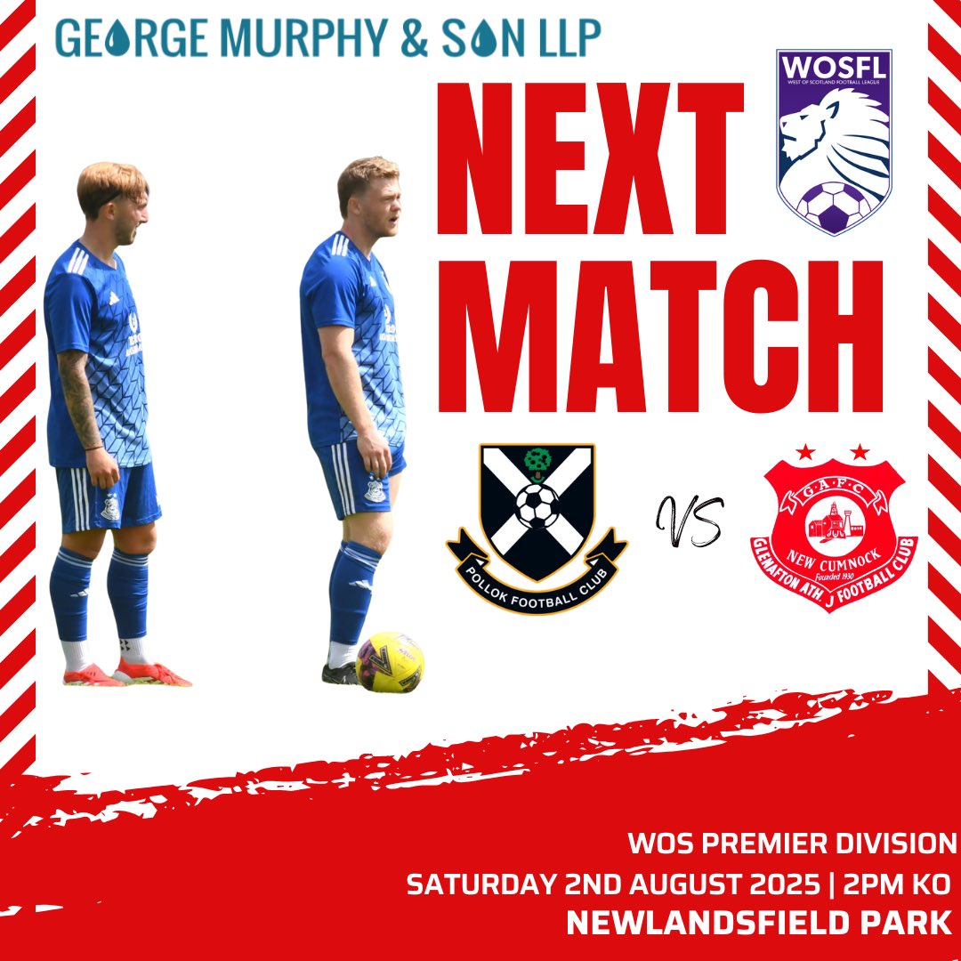 Glenafton Athletic (@glenaftonajfc) on Twitter photo ⚽️🏆 | NEXT MATCH
We head up the M77 for Pollokshaws tomorrow.
🆚 <a href="/pollokfc/">Pollok FC</a> 
🏆 <a href="/OfficialWoSFL/">West of Scotland Football League 🏴</a> Premier Division
🏟 Newlandsfield Park. G43 2XR
🎟️ Adult £10 | Concession £6
🕑 2pm KO
#awatheglens 🔴⚪️ ⚽️🏆 | NEXT MATCH
We head up the M77 for Pollokshaws tomorrow.
🆚 <a href="/pollokfc/">Pollok FC</a> 
🏆 <a href="/OfficialWoSFL/">West of Scotland Football League 🏴</a> Premier Division
🏟 Newlandsfield Park. G43 2XR
🎟️ Adult £10 | Concession £6
🕑 2pm KO
#awatheglens 🔴⚪️