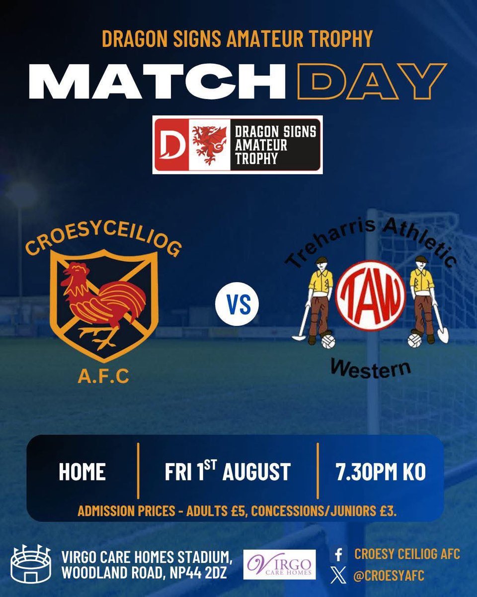 🏆 Dragon Signs Amateur Trophy – Under the Lights ⚽️💡

Tonight we welcome Treharris Athletic Western to the Virgo Care Homes Stadium in the Qualifying Round of the Dragon Signs Amateur Trophy.

📍 Virgo Care Homes Stadium
🕢 Kick-off: 7:30pm