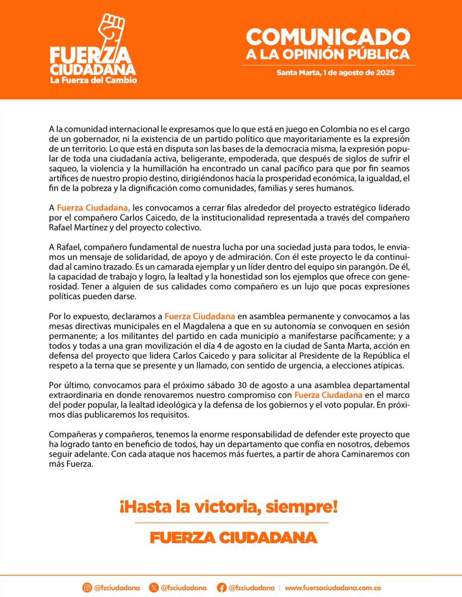 Fuerza Ciudadana llama al respeto de la voluntad del poder popular, a la solidaridad con el compañero Rafael Martínez, la movilización pacífica y a la no instrumentalización de la institucionalidad. 

¡Hasta la victoria siempre!