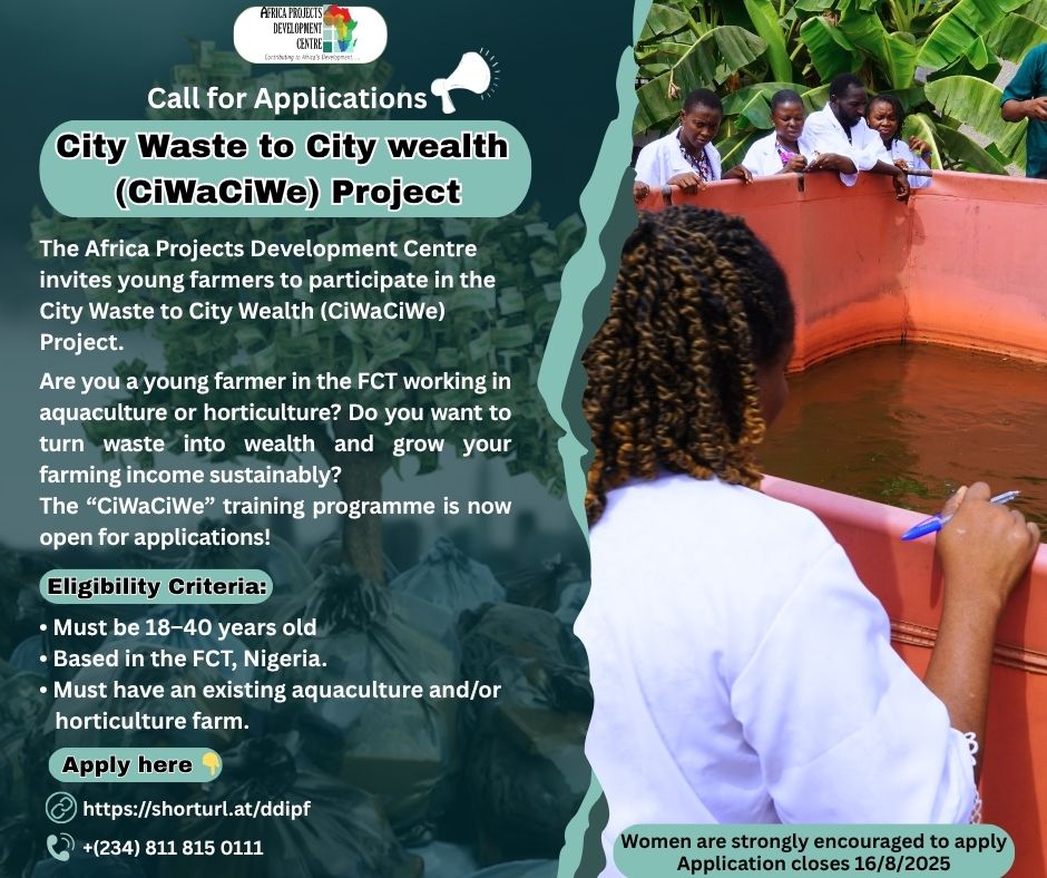 apdc_group's tweet photo. Are you a young farmer in Nigeria's FCT working in aquaculture or horticulture?

Ready to unlock the hidden potential in agricultural waste and grow your farming income sustainably?

Join #CiwaCiwe and transform your waste into wealth!

🔗Apply here: https://t.co/glQHDOU6fh #APDC https://t.co/l3t0GQceD7