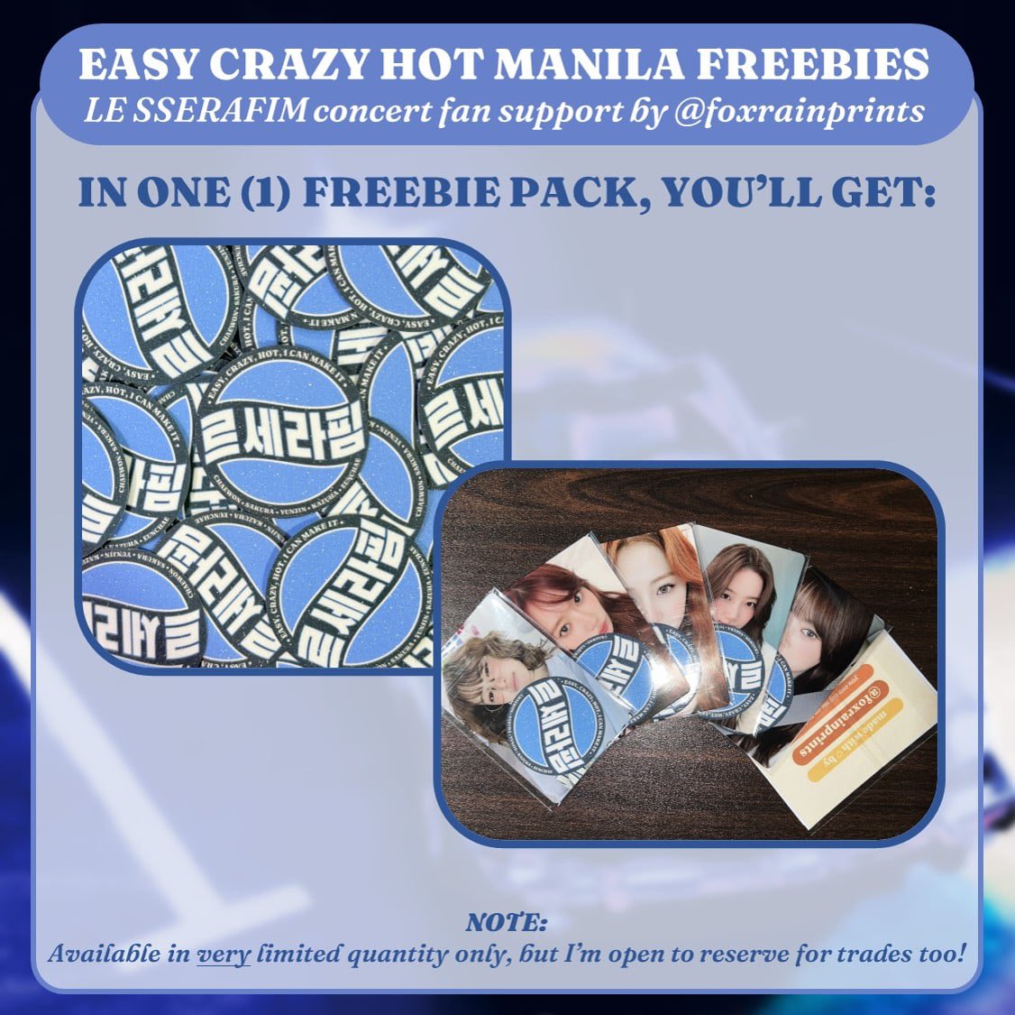 foxrainprints's tweet photo. more notes: 

🩰 may update my loc through this thread! but i might just give them around randomly too 🥹 

🩰 no concert ticket needed; i’ll be happy to give you freebies either way! 😊 

🩰 feel free to tag me as well after getting them hehe 

see you then! 🫶 https://t.co/Qahvt9iYjl