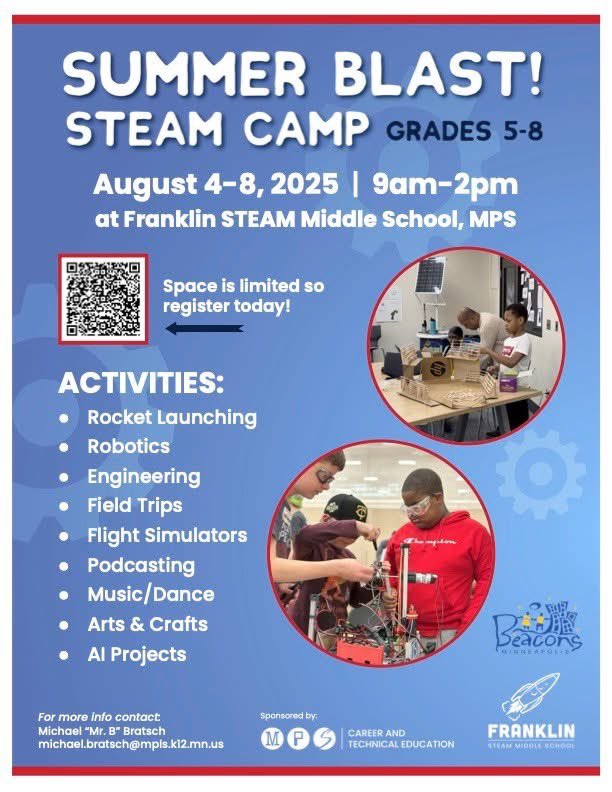 There are a few spots left for Summer Blast STEAM Camp, Aug. 4–8 at Franklin Middle School! 🚀

Explore hands-on STEAM learning, project-based activities and summer fun all rolled into one unforgettable experience. 

Learn more and register here: bit.ly/MPS-SummerBlast

Contact