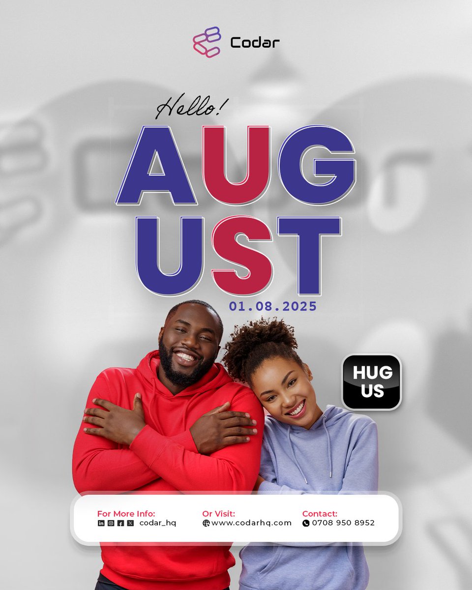 codarnigeria's tweet image. “August just dropped 💥
Big hugs from the Codar fam as you enter this month with soft updates, clean code &amp;amp; good energy. Let’s stay building, stay learning, and stay human. 
#HugUs
#AugustDrop #TechTok #BuildInPublic #CodeNewbie #DevVibes #CodarHQ #DigitalHugs #StayBuilding